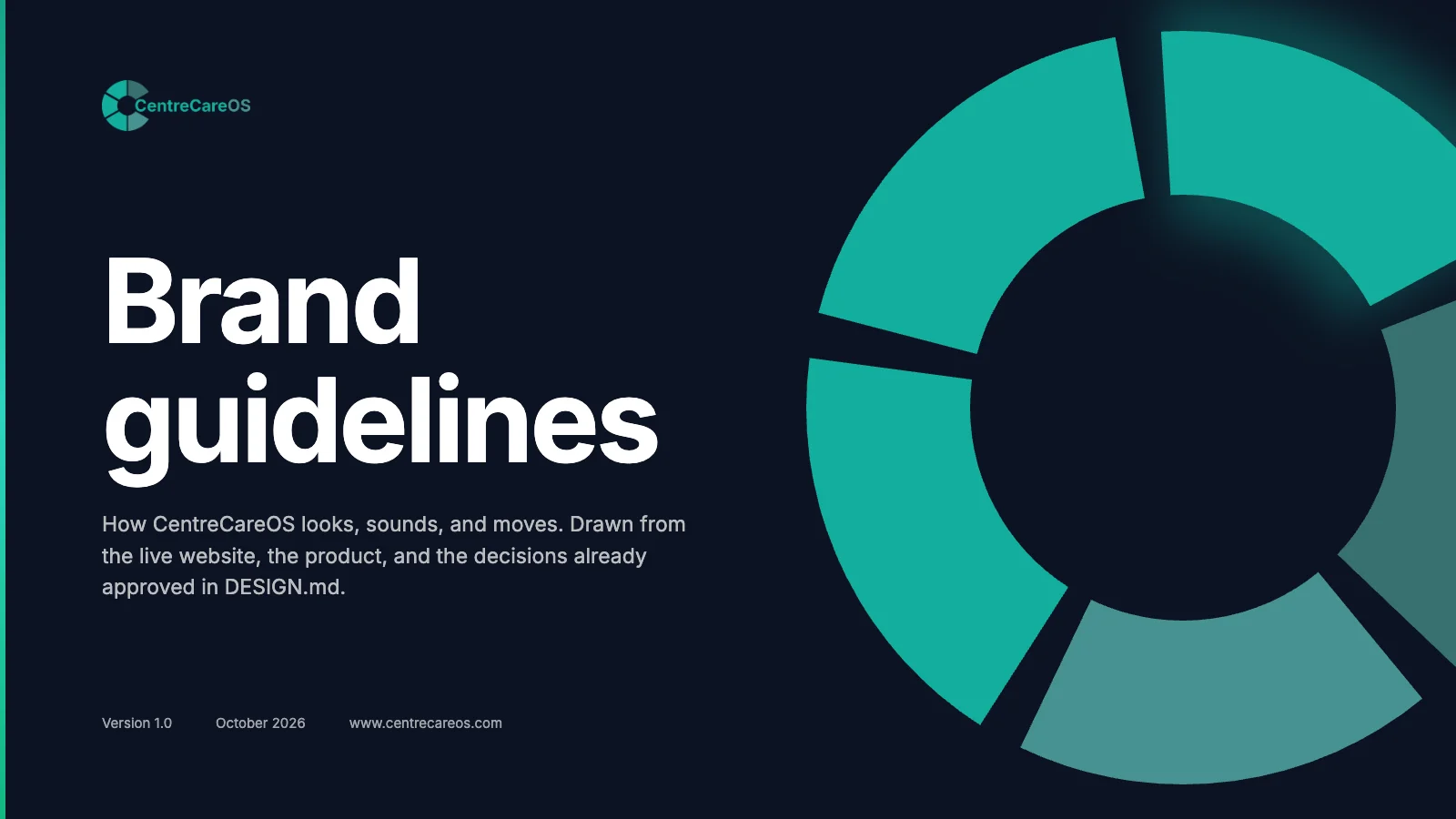Cover of the CentreCareOS brand guidelines: the teal ring on navy