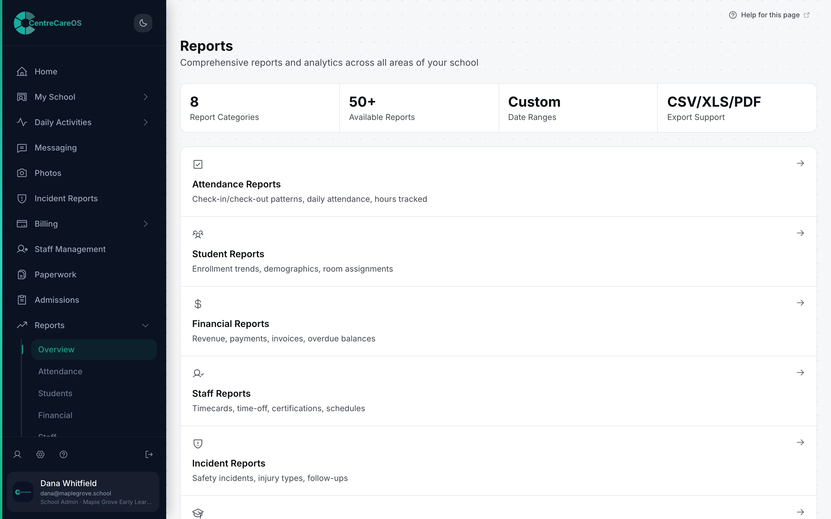 Reports screen listing attendance, student, financial, staff, and incident report categories with export options